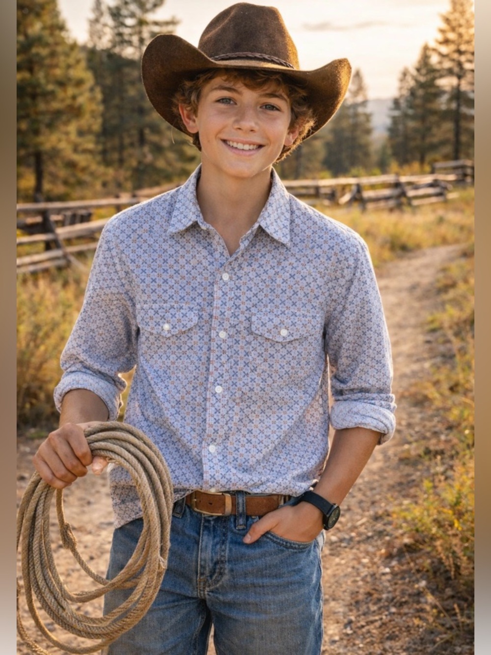Rodeo Clothing Co Boys Western Shirt 🤠 Yellowstone Cowboy Core Blue Snap Size M